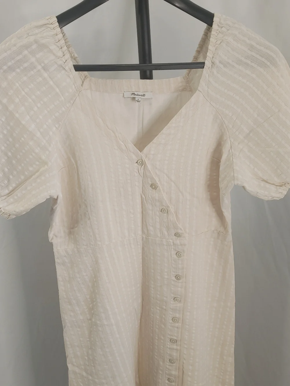 Madewell Cream Textured Button Front Midi Dress Size 6 Puff Sleeve - Picture 3 of 11